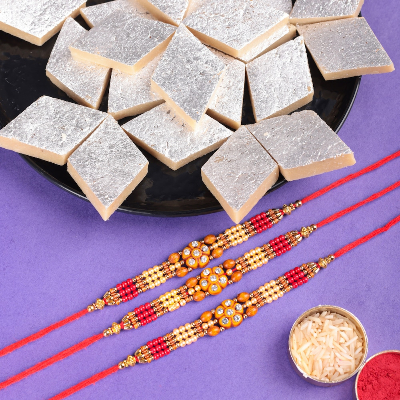 Unique Set Of 3 Rakhi With Kaju Katli