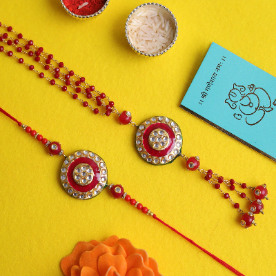 Bhaiya Bhabhi Red Meenakari Jewellery Rakhi Set