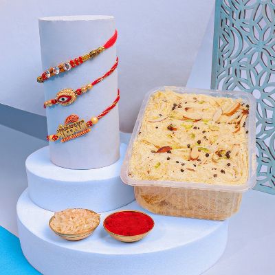 Set Of 3 Designer Rakhi With Soan Papdi