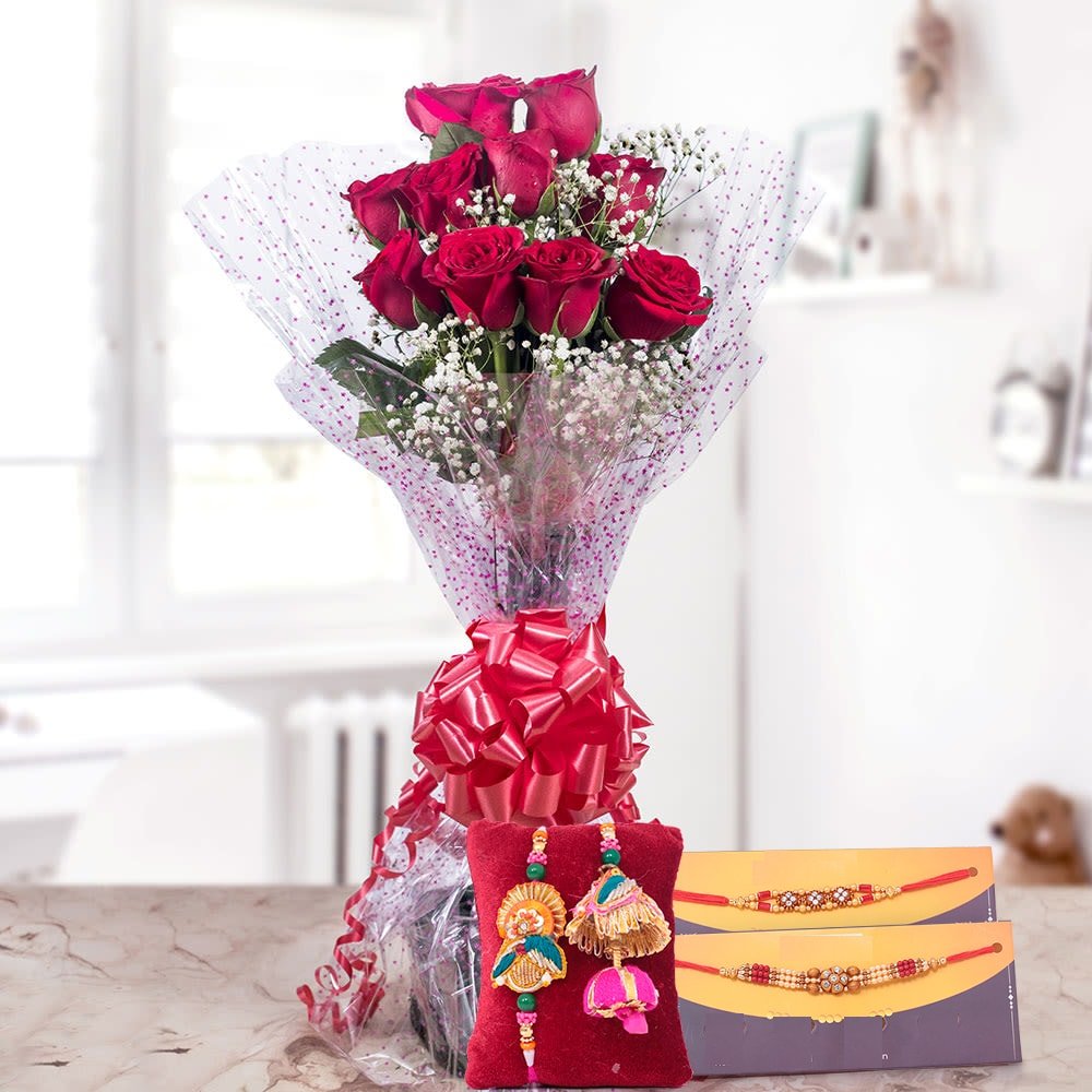  Alluring Red Roses Bouquet With Rakhis Set