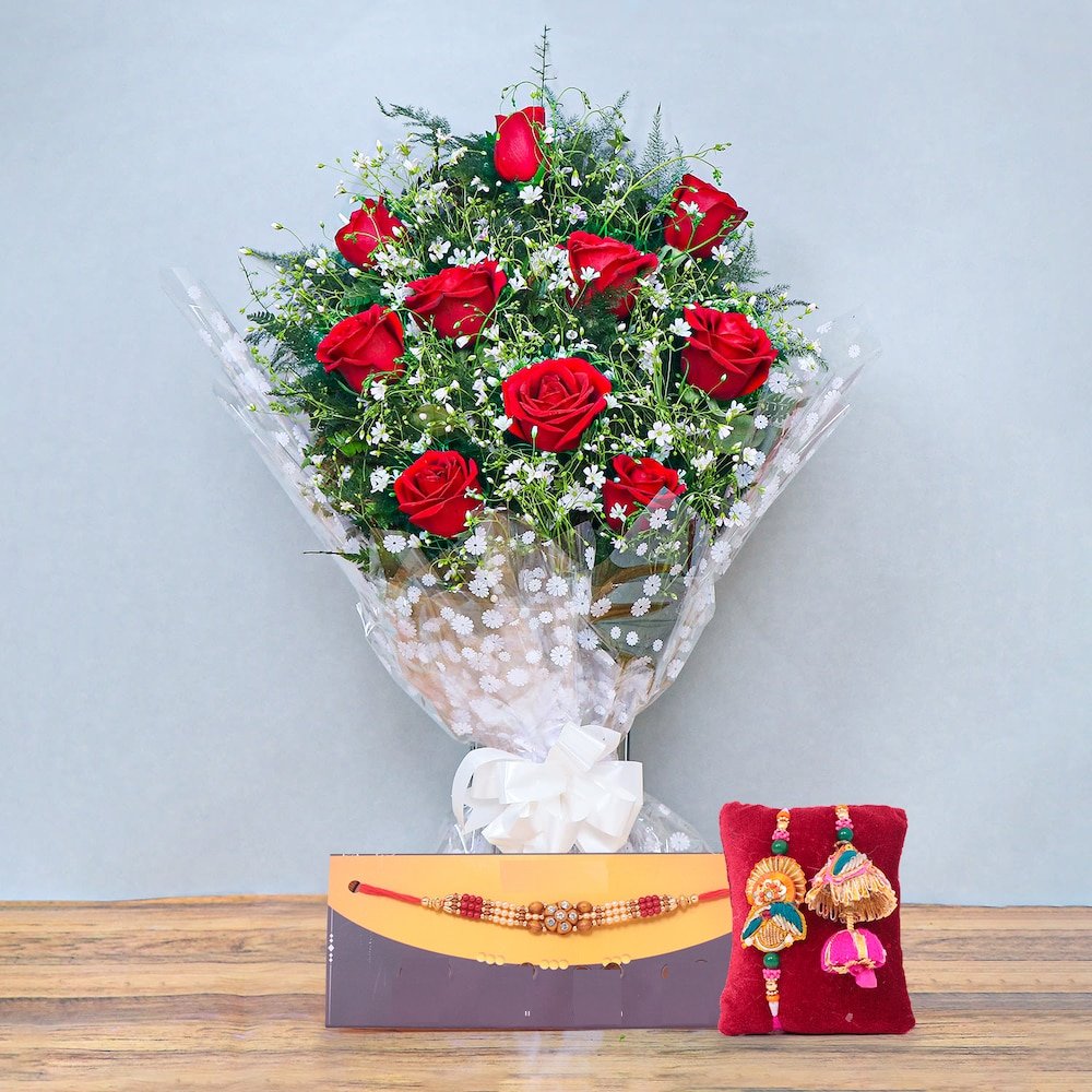  Royal Res Roses Bouquet With Rakhis Set