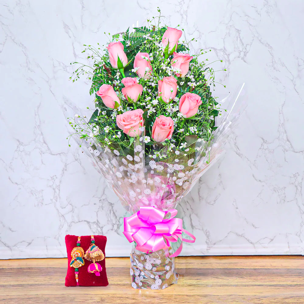  Pinkish Roses Bouquet With Bhaiya Bhabhi Rakhi