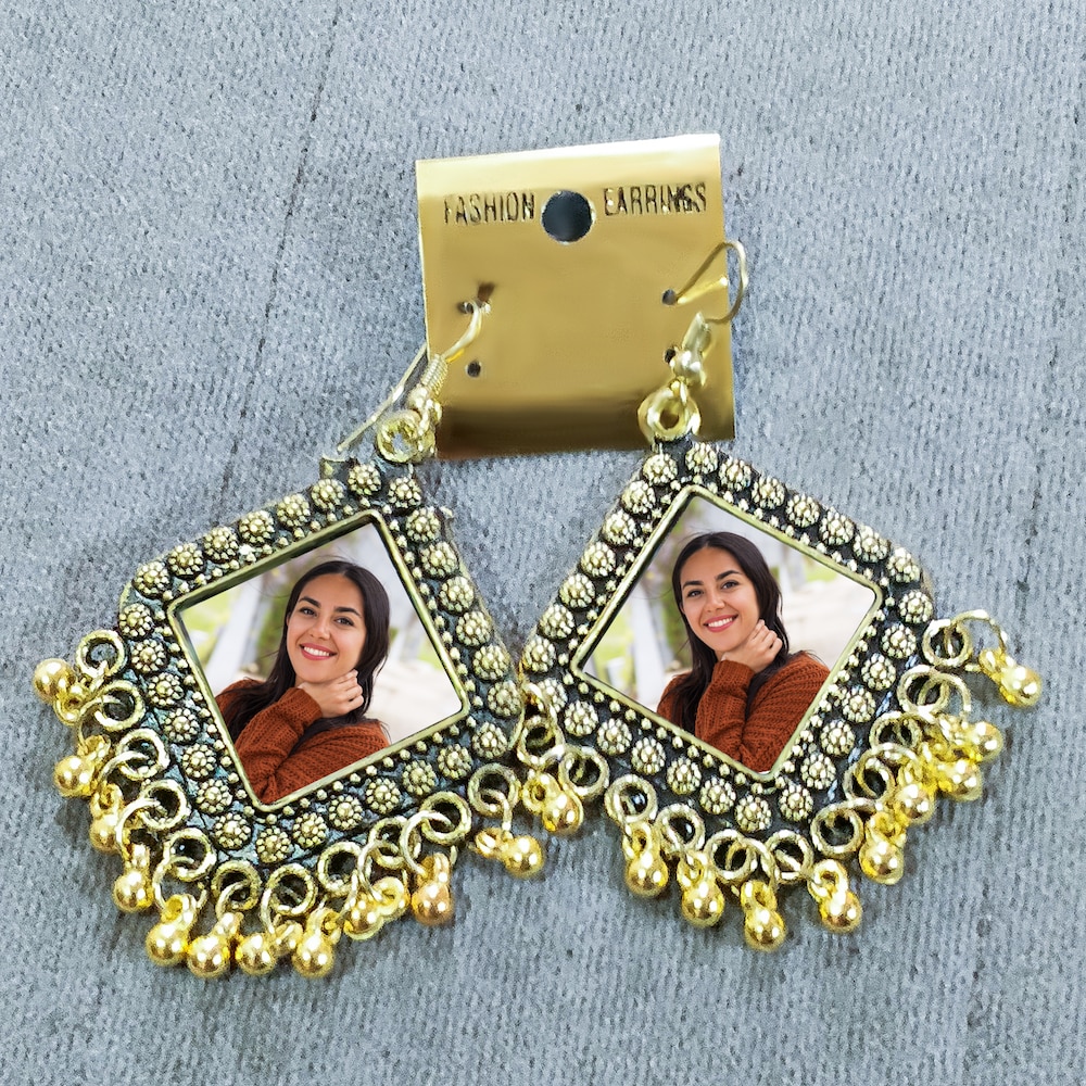  Golden Beads Personalized Photo Ear Rings