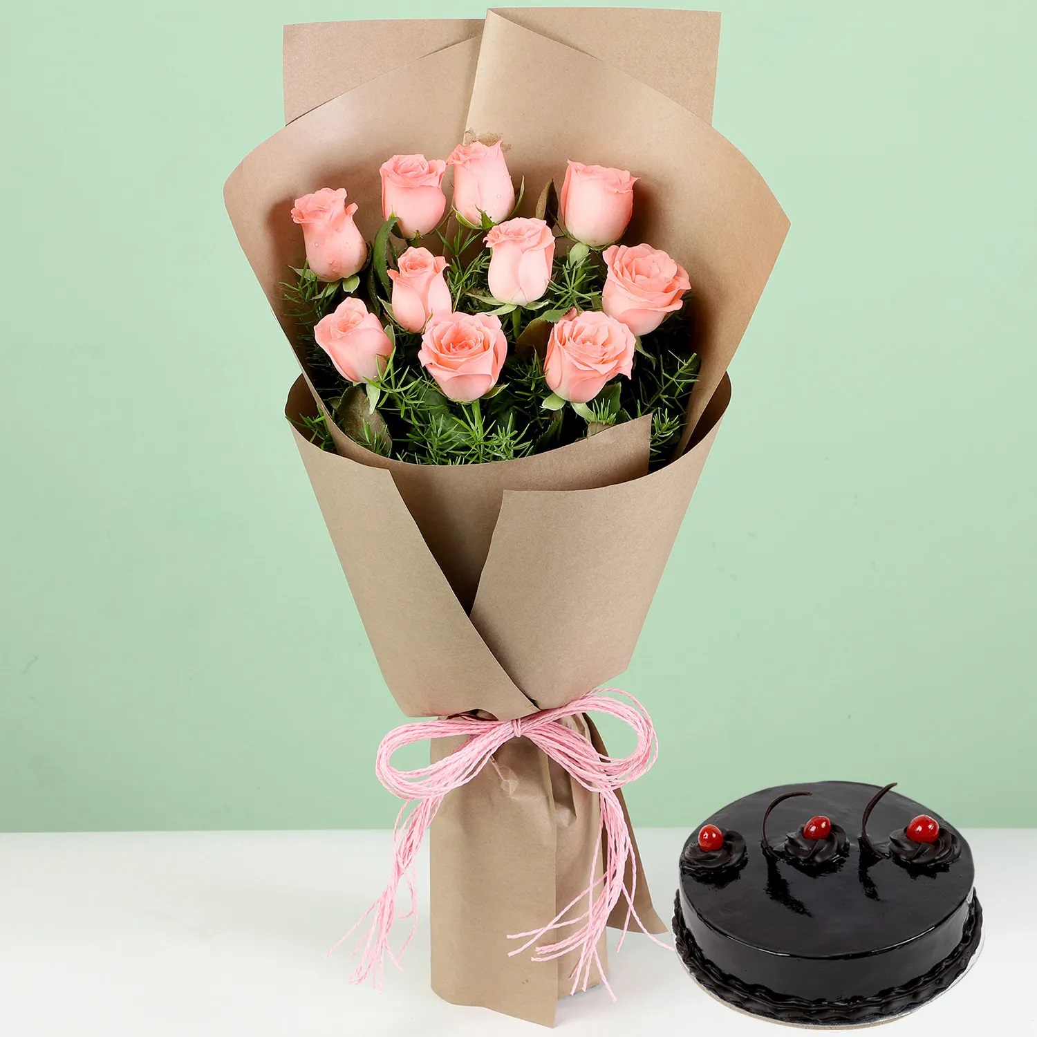  Elegant Pink Roses With Chocolate Truffle Cake